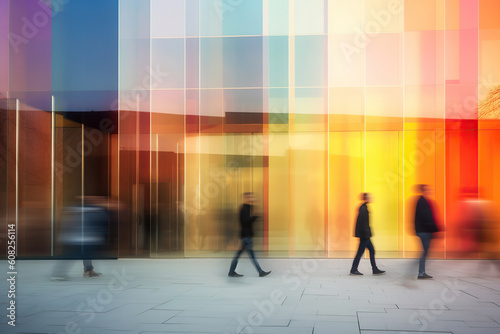 Blurred people in a rush pass in front of a modern building with colorful glass walls.