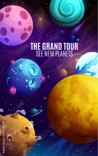 Cartoon galaxy space planets poster with fantasy alien UFO spaceship, vector galactic world. Space tour, galaxy exploration and extraterrestrial spaceflight poster for kids with fantasy planet craters