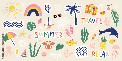 Hand drawn summer design elements. Collection of cute stickers for covers, scrapbooking, home decor and more.Vector illustration.