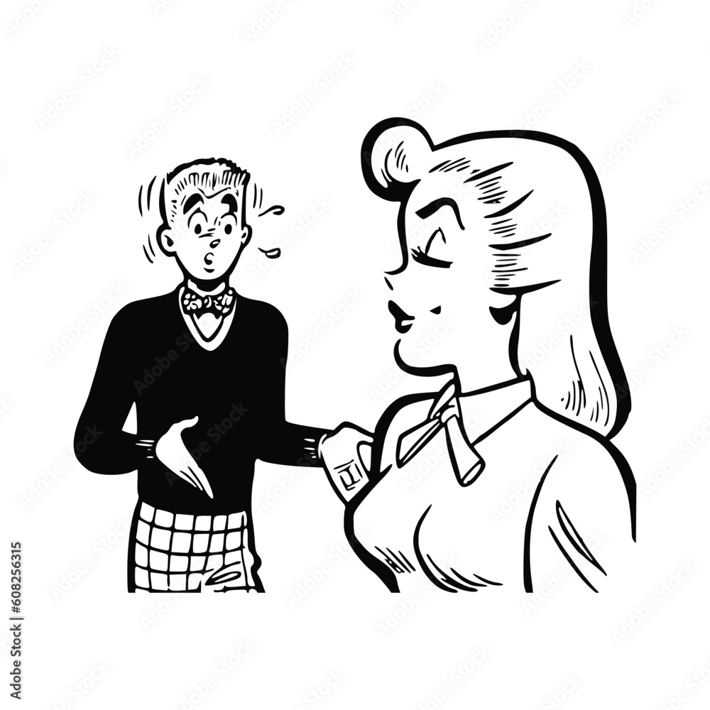 Vector illustration of a woman talking with a waiter. Hand drawing. Vector illustration of a woman talking with a waiter. Hand drawing.
