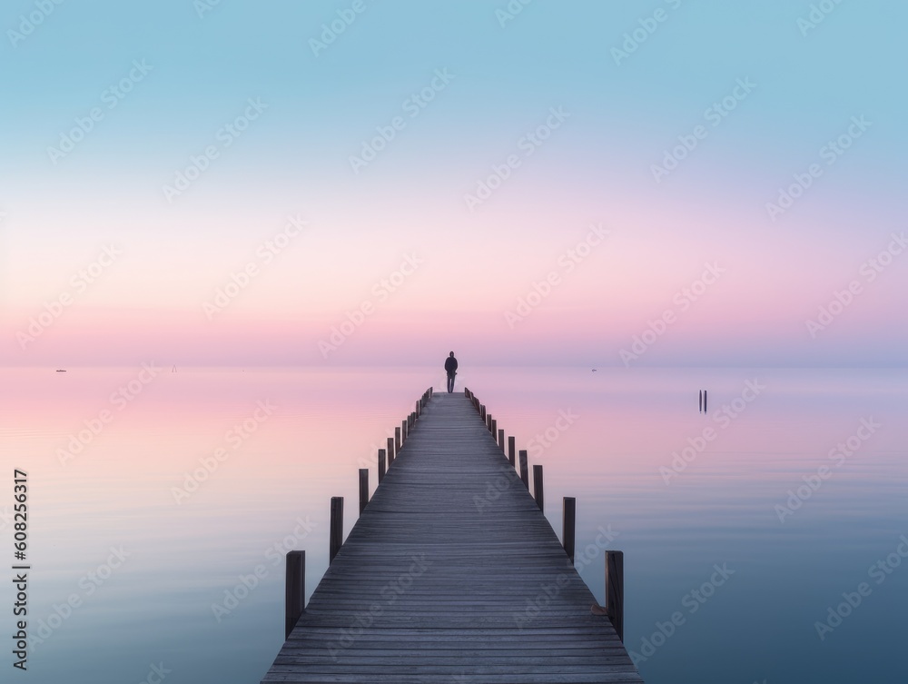  Lone figure standing on a very unusual long pier at sunrise.