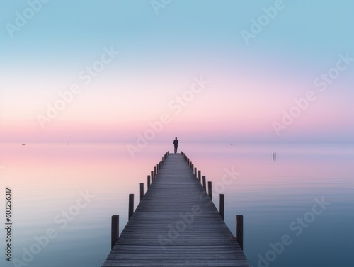  Lone figure standing on a very unusual long pier at sunrise. © radekcho