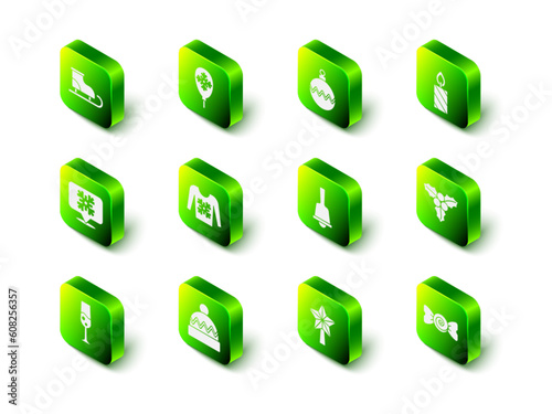 Set Balloons with snowflake, Christmas ball, Burning candle, Branch viburnum, Candy, Merry ringing bell, star and Winter hat icon. Vector