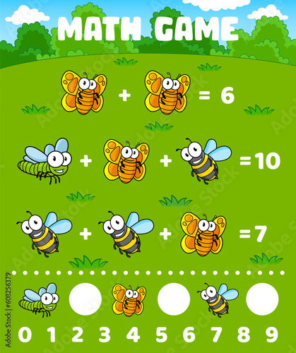 Math game worksheet, cartoon bee, dragonfly and butterfly characters, vector mathematics quiz for kids. Funny butterfly, bee or bumblebee wasp in mathematics or calculation education puzzle game