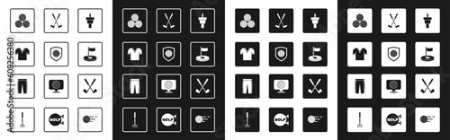 Set Golf tee, ball with shield, shirt, hole flag, Crossed golf club, and pants icon. Vector