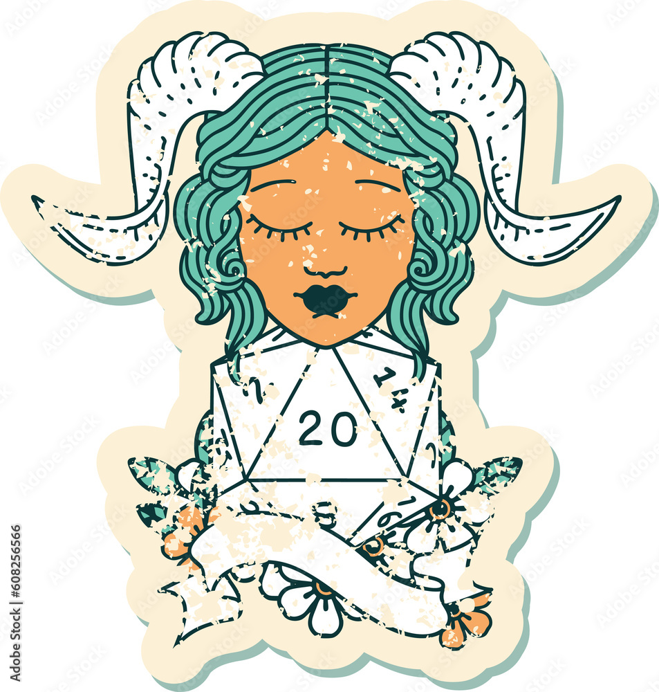 Retro Tattoo Style tiefling with natural twenty dice roll Retro Tattoo Style tiefling with natural twenty dice roll