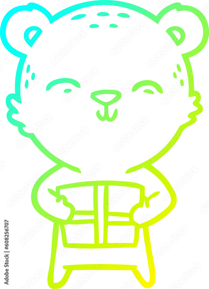 cold gradient line drawing of a happy cartoon bear with gift cold gradient line drawing of a happy cartoon bear with gift