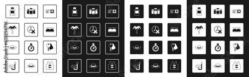Set Airline ticket, Clock with airplane, Tropical palm tree, Whiskey bottle, Hotel room bed, Photo camera, door and Elegant women hat icon. Vector