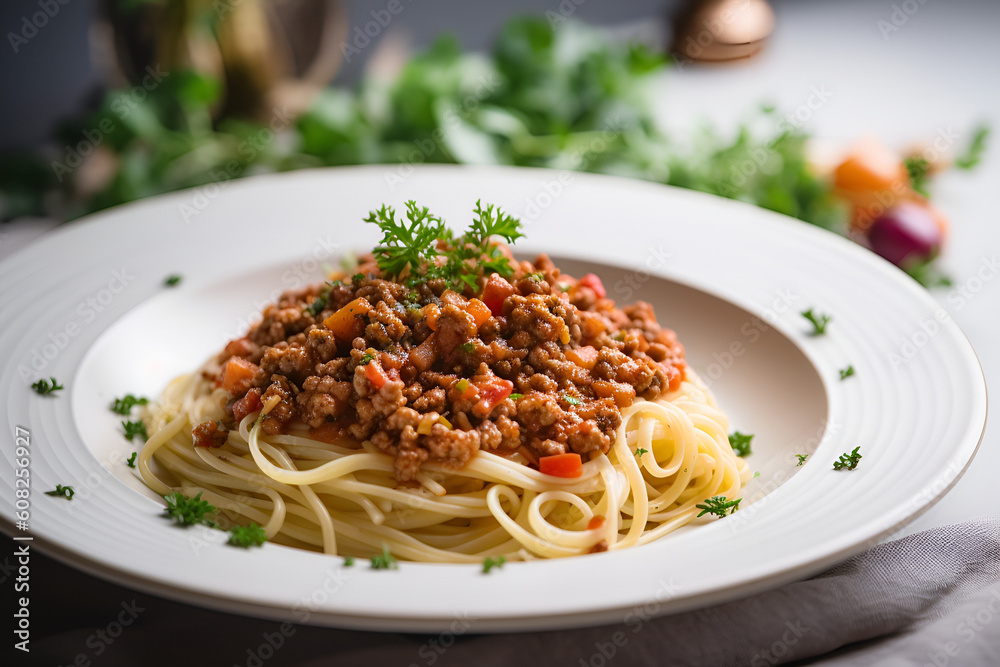 Pasta bolognese with tomato sauce on a plate. Italian food. AI generated Pasta bolognese with tomato sauce on a plate. Italian food. AI generated