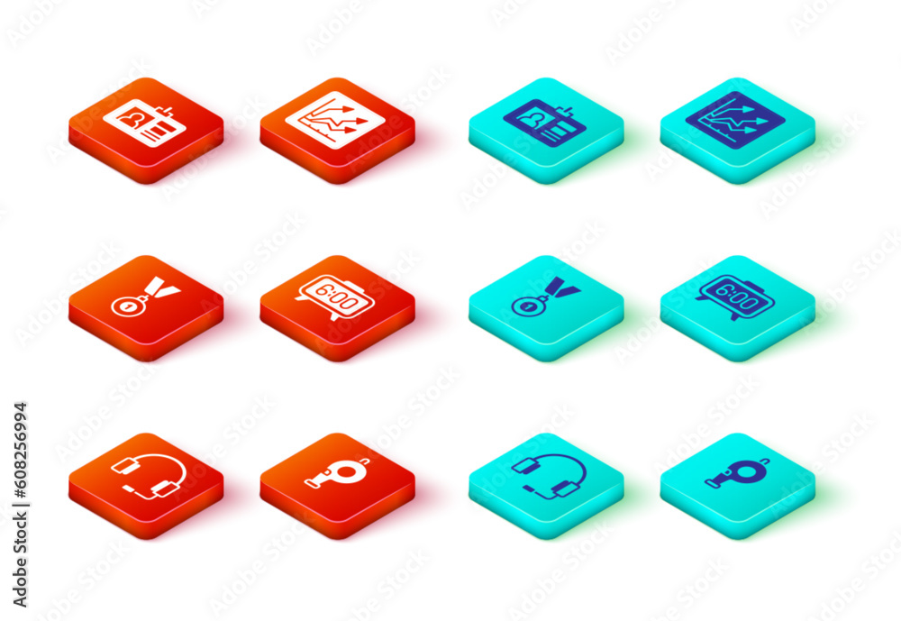 Naklejka premium Set Headphones, Whistle, Medal, Digital alarm clock, Financial growth increase and Identification badge icon. Vector