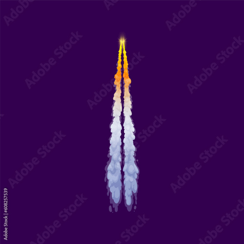 Cartoon rocket smoke trail with jet fire and steam clouds. Vector spaceship or shuttle carrier rocket launch contrail with flame, white smoke and steam tracks. Missile trail of vertical takeoff