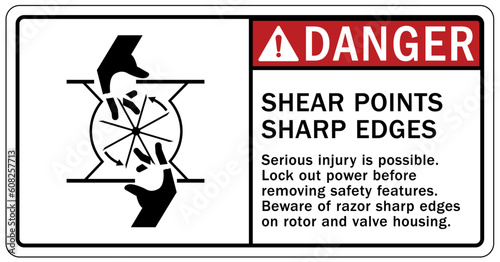 Rotating equipment hazard sign and labels shear points, sharp edges