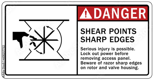 Rotating equipment hazard sign and labels shear points, sharp edges