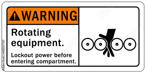 Rotating equipment hazard sign and labels lock out power before entering compartment