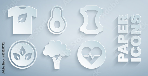 Set Broccoli, Leather, Vegan food diet, Heart rate, Avocado fruit and shirt icon. Vector