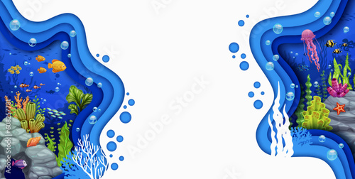 Cartoon banner or poster, sea paper cut with underwater landscape, vector cartoon jellyfish, fish shoal and seaweeds. Undersea world papercut background with ocean coral reef fishes and starfish