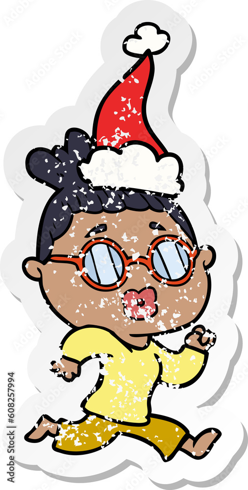Obraz premium hand drawn distressed sticker cartoon of a woman wearing spectacles wearing santa hat