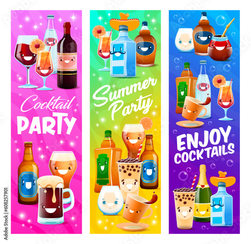 Cartoon drink and cocktail characters. Pub cocktail, cafe alcohol beverage vector horizontal banner with wine, tequila, cognac and beer, whiskey bottle, coffee and tea drink cheerful personages
