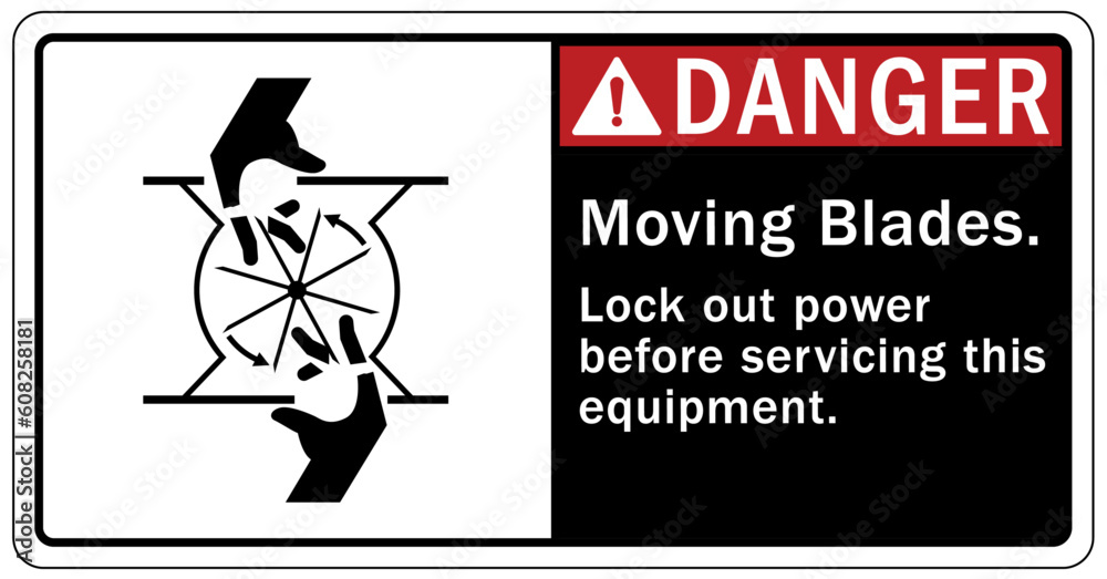Rotating blade hazard sign and labels moving blade. Lock out power