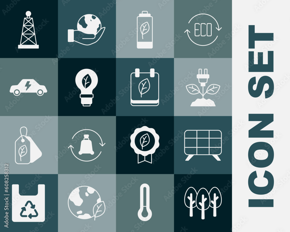 Set Tree, Solar energy panel, Electric saving plug in leaf, Eco nature battery, Light bulb with, car, Oil rig and Calendar autumn leaves icon. Vector Set Tree, Solar energy panel, Electric saving plug in leaf, Eco nature battery, Light bulb with, car, Oil rig and Calendar autumn leaves icon. Vector