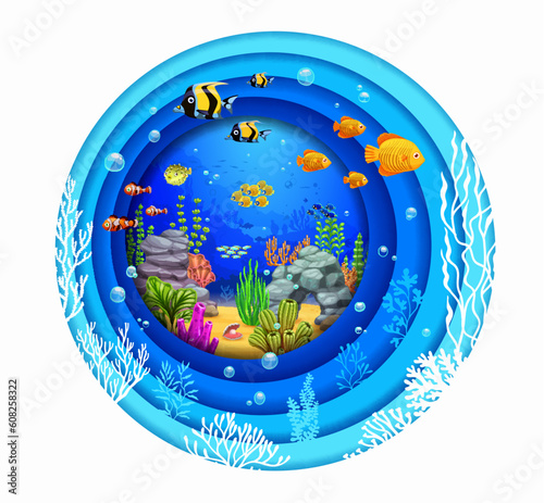 Cartoon tropical fish shoal, seaweeds and corals in sea paper cut, vector landscape background. Undersea coral reef fishes and seashell in paper cut water layers or underwater landscape in 3d cutout