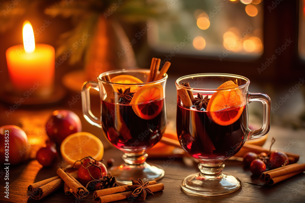 Two cups of autumn mulled wine or gluhwein with spices and orange slices on rustic table. Traditional drink on autumn holiday.