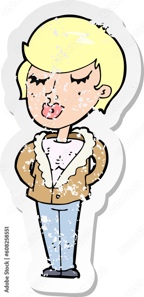 retro distressed sticker of a cartoon cool relaxed woman retro distressed sticker of a cartoon cool relaxed woman