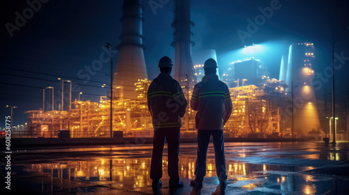 Picture of a rear view of two power engineers standing at a fuel oil refinery looking at power generation planning work at high voltage electrodes - generative AI illustration. photo