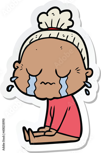 sticker of a cartoon crying old lady