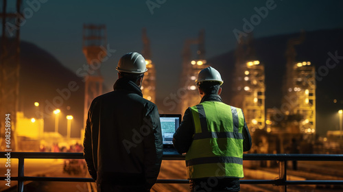 Picture of a rear view of two power engineers standing at a fuel oil refinery looking at power generation planning work at high voltage electrodes - generative AI illustration.