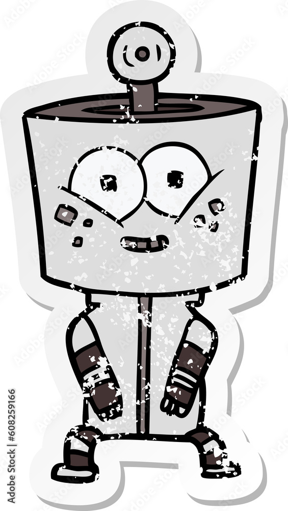 distressed sticker of a happy cartoon robot distressed sticker of a happy cartoon robot