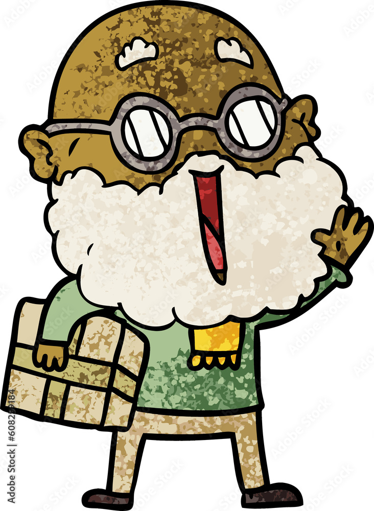 cartoon joyful man with beard and parcel under arm cartoon joyful man with beard and parcel under arm