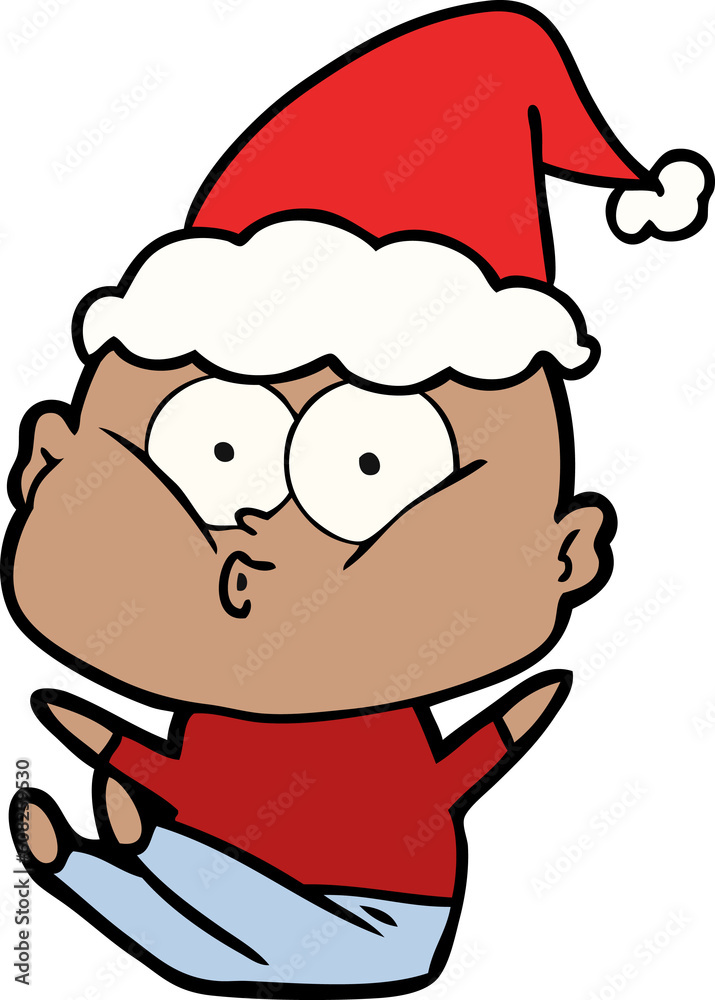 hand drawn line drawing of a bald man staring wearing santa hat hand drawn line drawing of a bald man staring wearing santa hat