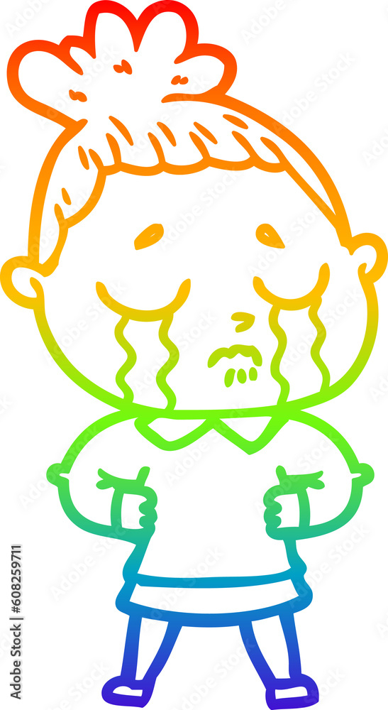 rainbow gradient line drawing of a cartoon crying woman