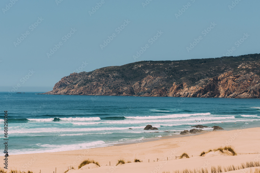 Praia do Guincho is a popular Atlantic beach located on Portugal's Estoril coast, 5km from the town of Cascais, Portugal