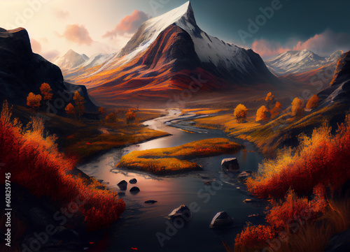 A beautiful autumn scene unfolds, where a mighty mountain towers over a serene river, its banks adorned with trees ablaze in the rich hues of the fall, painting a breathtaking portrait of nature © Musashi_Collection