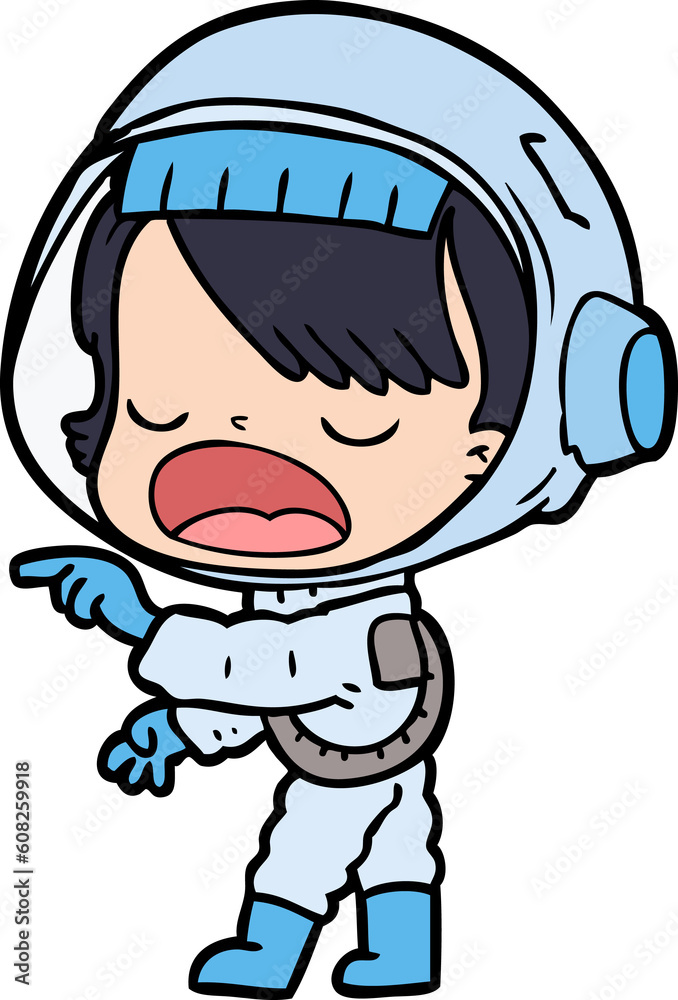 cartoon astronaut woman pointing and talking