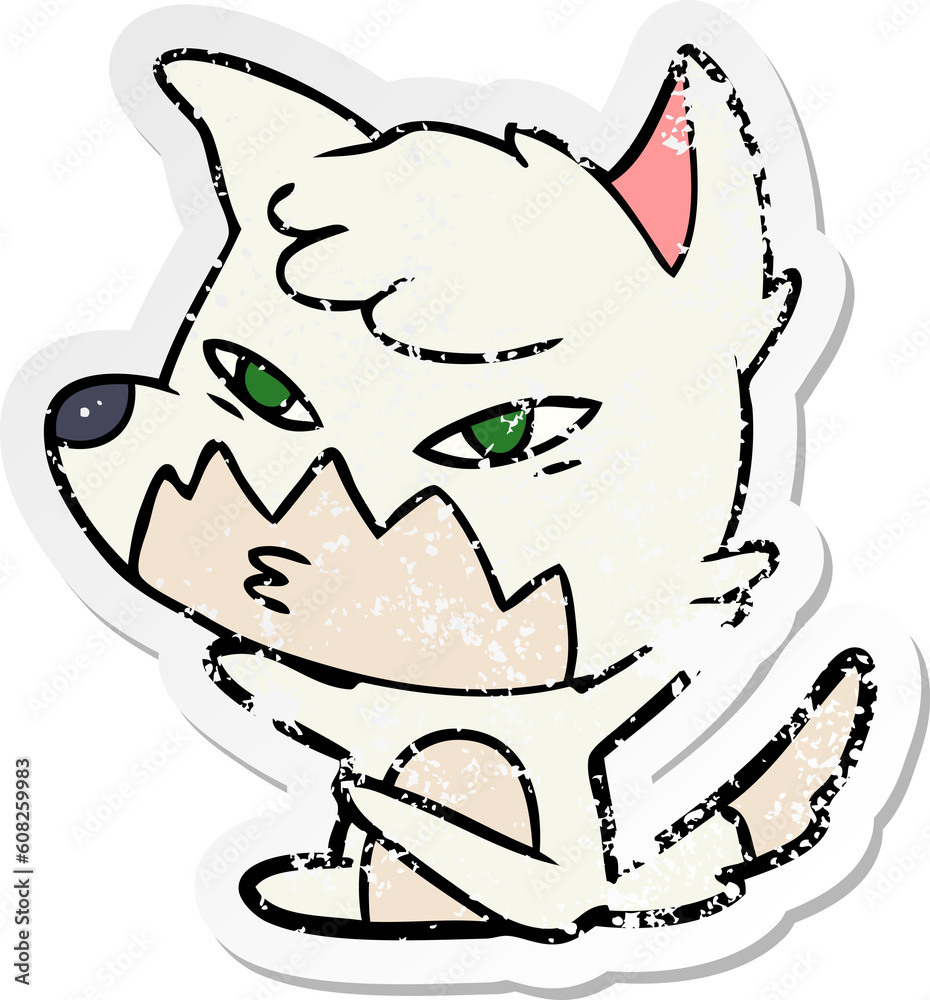 distressed sticker of a clever cartoon fox distressed sticker of a clever cartoon fox