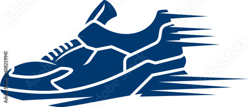 Marathon run sport icon with runner athlete shoe. Vector running sport club isolated symbol with blue silhouette of runner sneaker and speed trails. Marathon, jogging, running race or sprint badge