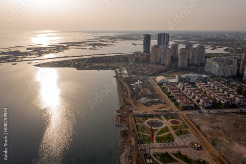 Mavisehir - Izmir - Turkey, March 10, 2021, Mavisehir Fishing shelter top view, drone shoot (Mavisehir Balikci Barinagi) photo