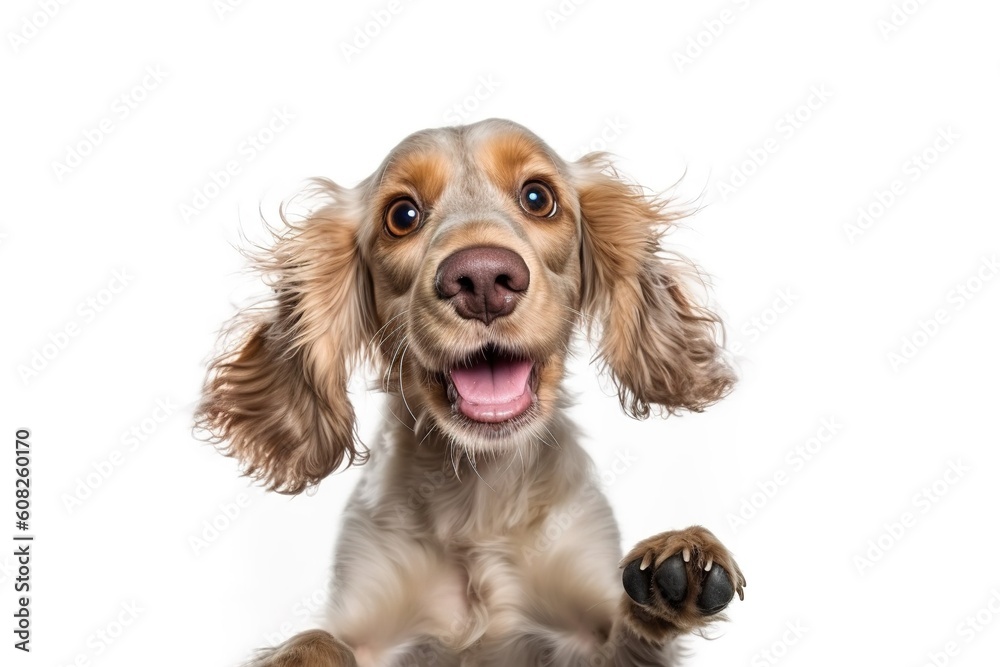 Pure youth crazy. English cocker spaniel young dog is posing. Cute playful white-braun doggy or pet is playing and looking happy isolated on white background. Concept of motion, action, generative ai