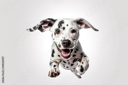 Pure youth crazy. Dalmatian young dog is posing. Cute playful white-braun doggy or pet is playing and looking happy isolated on white background. Concept of motion  action  generative ai