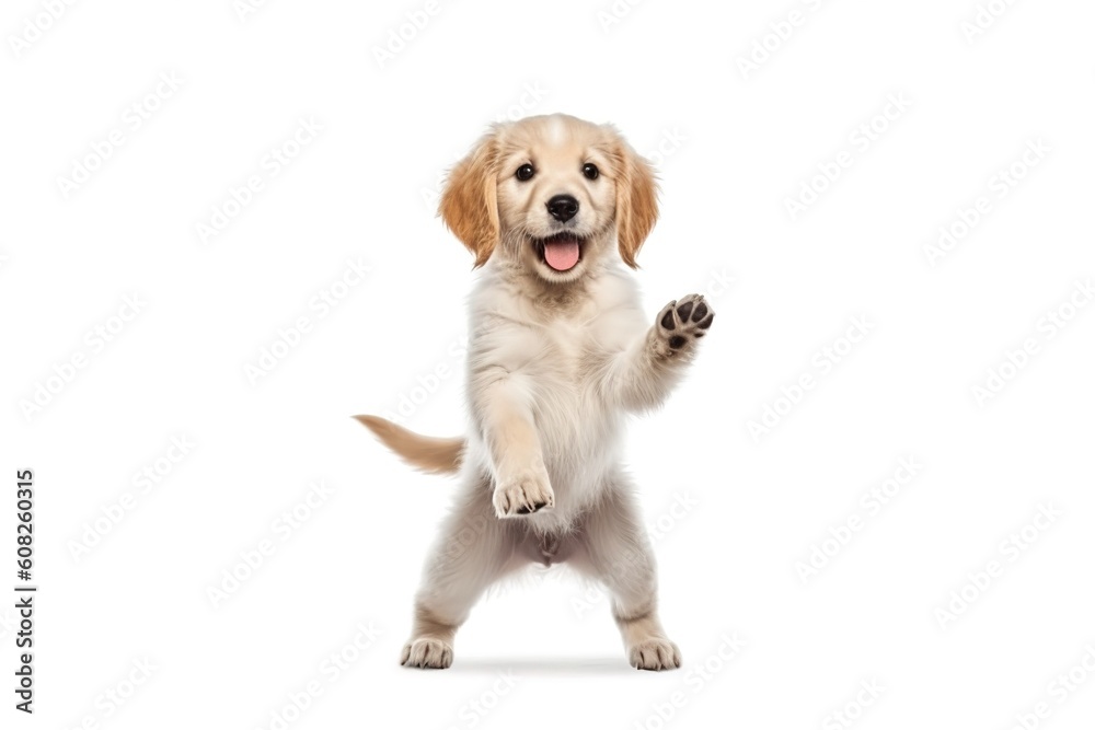 Pure youth crazy. golden retriever young dog is posing. Cute playful white-braun doggy or pet is playing and looking happy isolated on white background. Concept of motion, action generative ai Pure youth crazy. golden retriever young dog is posing. Cute playful white-braun doggy or pet is playing and looking happy isolated on white background. Concept of motion, action generative ai