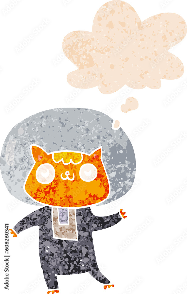 cartoon space cat with thought bubble in grunge distressed retro textured style
