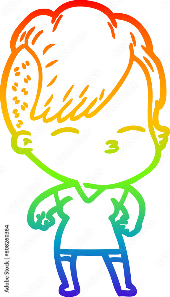 rainbow gradient line drawing of a cartoon squinting girl rainbow gradient line drawing of a cartoon squinting girl