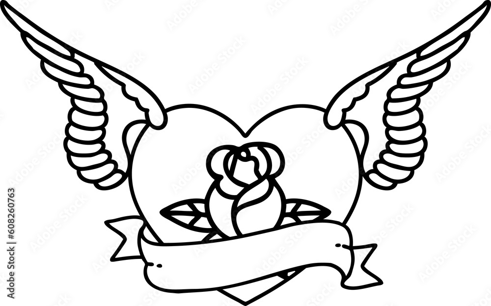 Fototapeta premium tattoo in black line style of a flying heart with flowers and banner
