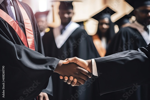 Generative AI illustration of anonymous African American male graduating student in black gown receiving congratulatory hand shake during ceremony photo