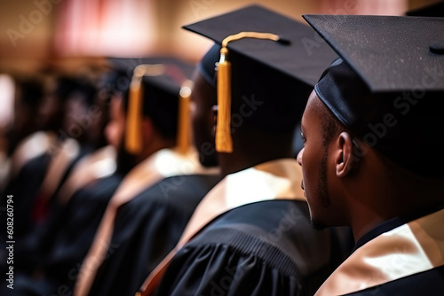 Generative AI illustration of unrecognizable group of young African American students in matriculation gown and hat together on blurred background