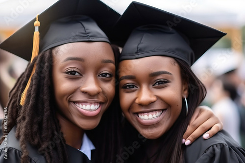 Generative AI illustration of cheerful young African American girlfriends in graduation gown looking at camera holding each other on blurred street