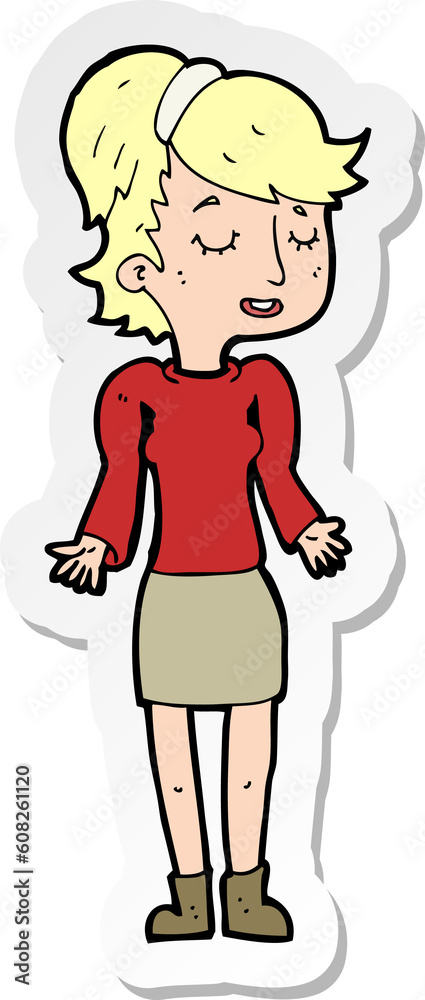 sticker of a cartoon woman shrugging shoulders sticker of a cartoon woman shrugging shoulders